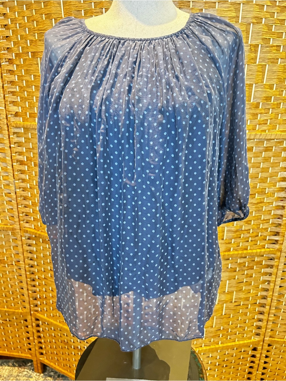 🇮🇹 Navy Blue Silk Polka Dot Sheer Overlay Blouse Made in Italy Size S